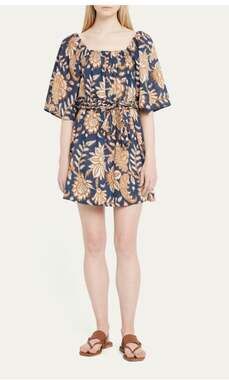 Figue $548 Piper Floral Print Belted Short Dress Sz XS Blue Gold Kaftan